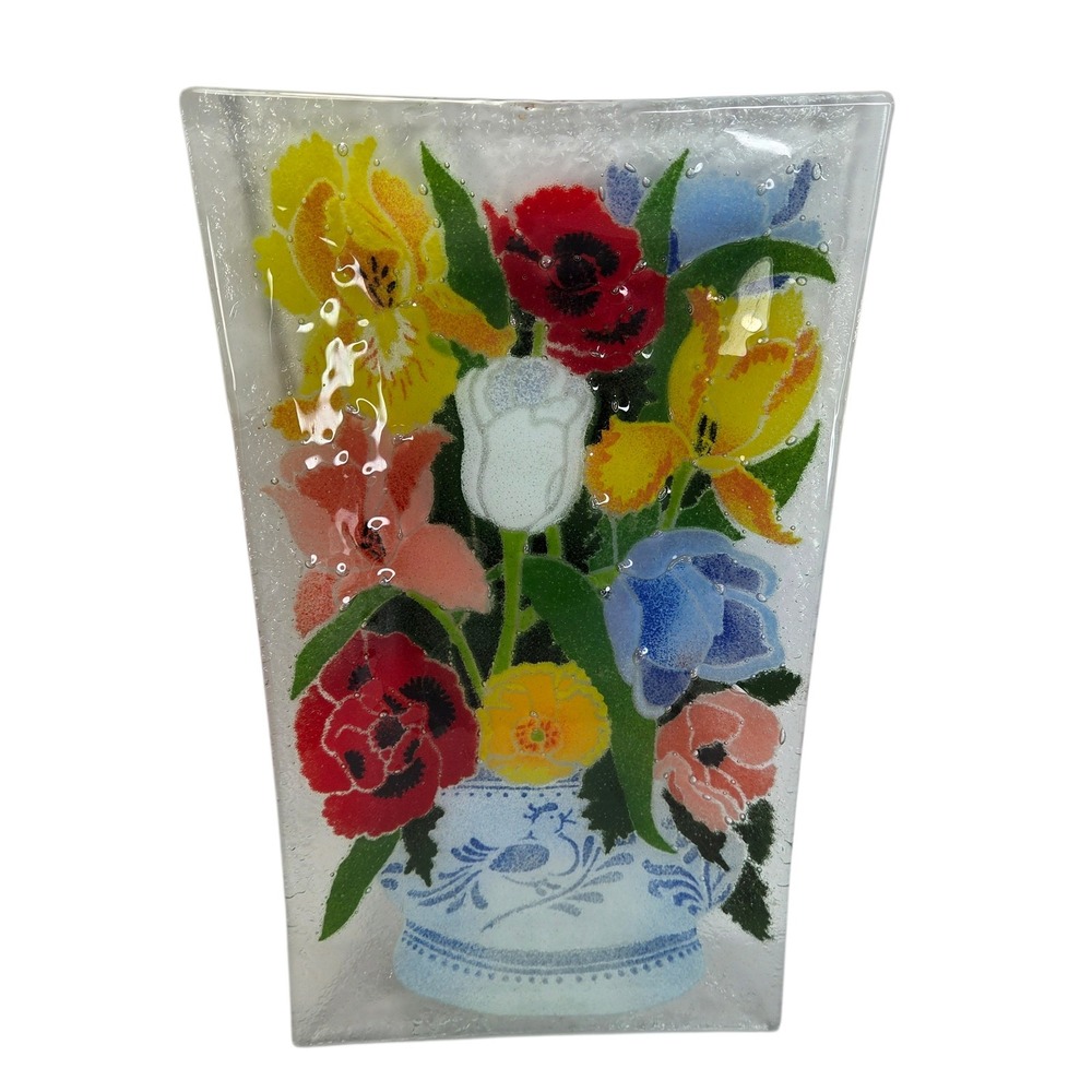 Peggy Karr Fused Art Glass Rectangular Platter Colorful Flower Bouquet Decor